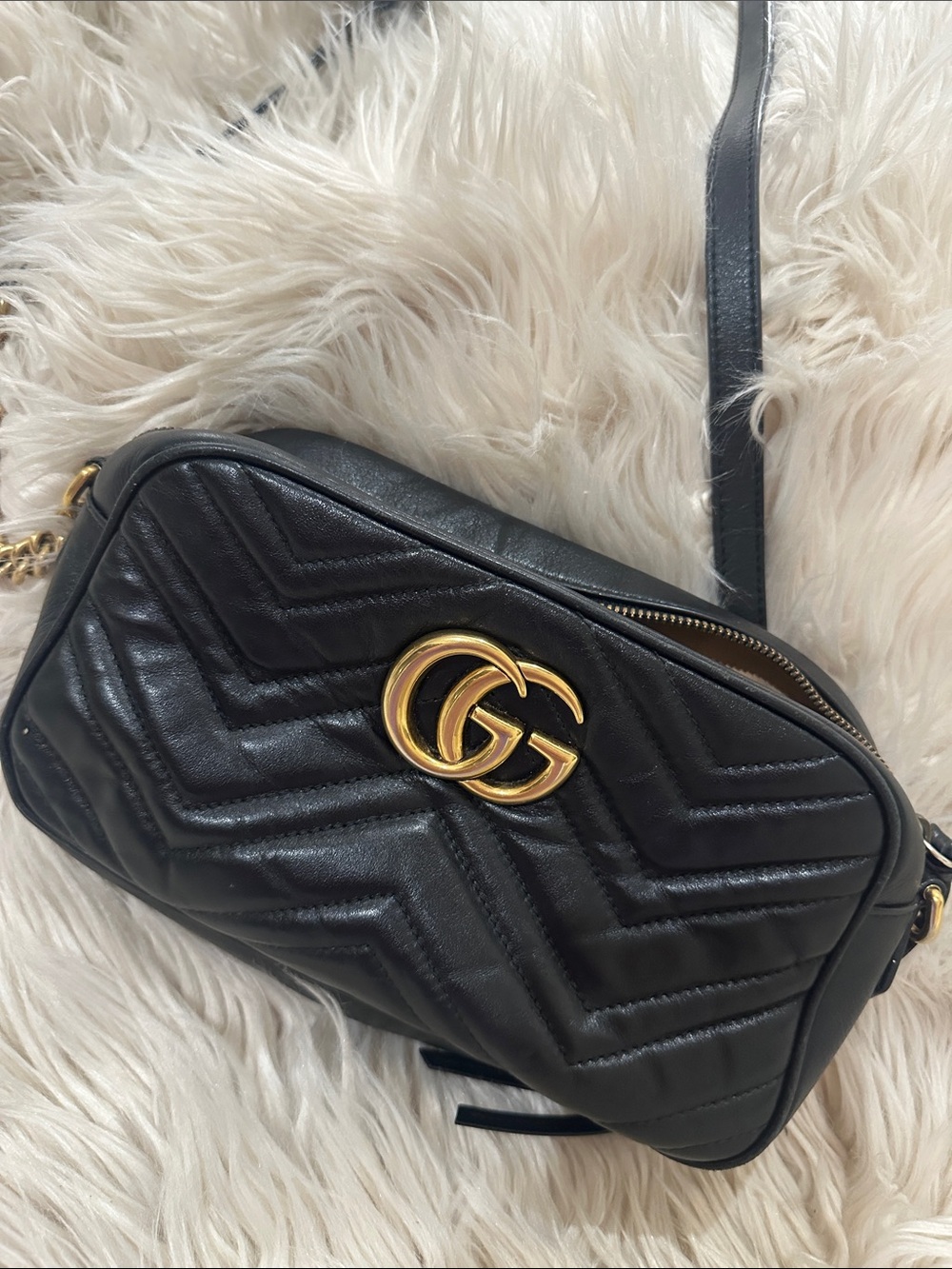 Gucci Black Chevron Leather GG Marmont Crossbody